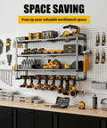 Large Power Tool Organizer Wall Mount 4 Tier Heavy Duty Metal Storage Rack Holds 400lbs With 8 Cordless Drill Holders in garage