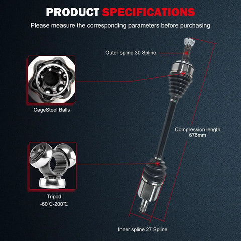 Product specifications for Front Left CV Axle Shaft Assembly For Honda Accord 2008 To 2015 Civic And Acura Tsx with spline details.