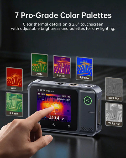 2 In 1 Thermal Imaging Multimeter with 19999 Counts TRMS readings showcasing 2.8-inch touchscreen with color palette options.