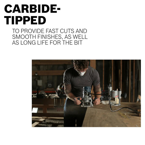 Carbide tipped router in use for clean cuts with smooth ball bearing pilot on raised panel wood.