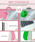 Comparison of pink and green handheld stitching tools for quick clothing fixes and hemming, featuring needle and fastener quality.