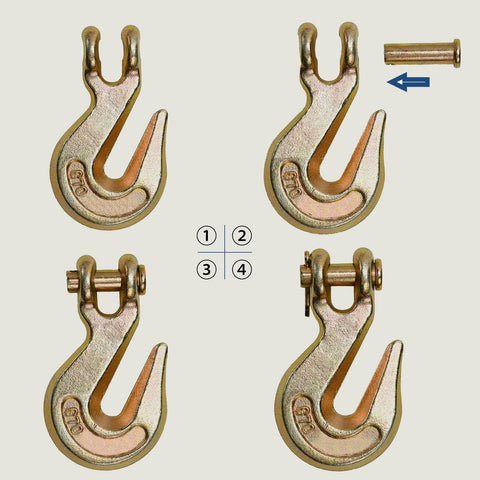Image showing four 3/8 Inch Clevis Grab Hook Set, Heavy Duty Forged Steel Rigging Hooks, Yellow Zinc Finish, disassembled view.