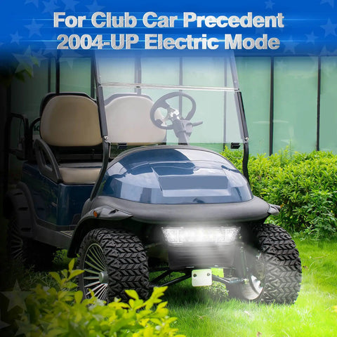 Led Headlights With Heavy Duty Bumper Kit For Club Car Precedent 2004 Up Golf Cart in driveway with clear night illumination.