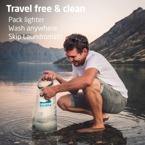 Man using Pocket Sized Portable Travel Wash Bag Featuring Patented Washboard Design Ultra Lightweight Foldable Clothes Cleaner.