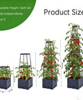 Four views of Two Pack Tomato Planters With Trellis, 56 Inch Tomato Cages For Indoor And Outdoor Climbing Plants, Self Watering Vertical Garden Beds.