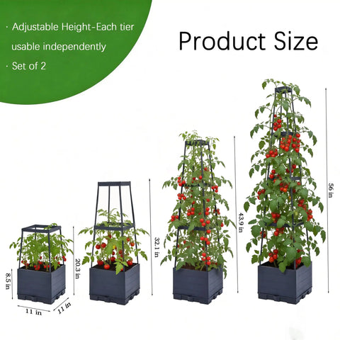 Four views of Two Pack Tomato Planters With Trellis, 56 Inch Tomato Cages For Indoor And Outdoor Climbing Plants, Self Watering Vertical Garden Beds.