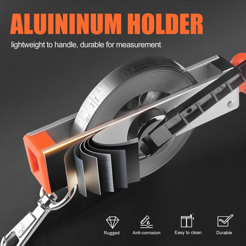 Explosion-Proof Oil Tank Gauging Tape With Stainless Steel Sounding Tape And Brass Plumb Bob, Ninety-Eight Feet Length, shown with aluminum holder.