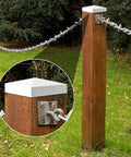 Close-up of a wood post with 24 Pack Pyramid White PVC Vinyl Post Top Caps For Vinyl Fence Posts 5x5 Inch Weatherproof Deck Cover.