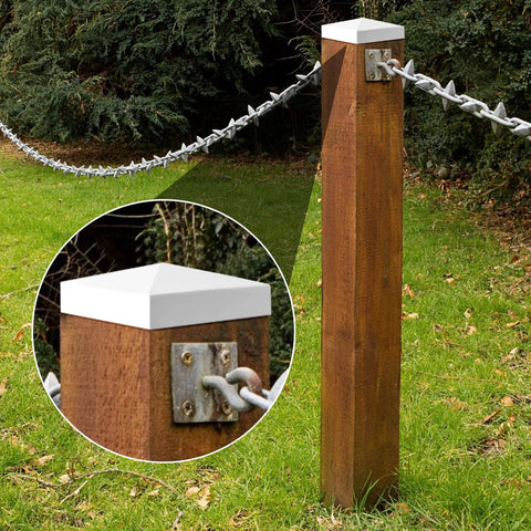 Close-up of a wood post with 24 Pack Pyramid White PVC Vinyl Post Top Caps For Vinyl Fence Posts 5x5 Inch Weatherproof Deck Cover.