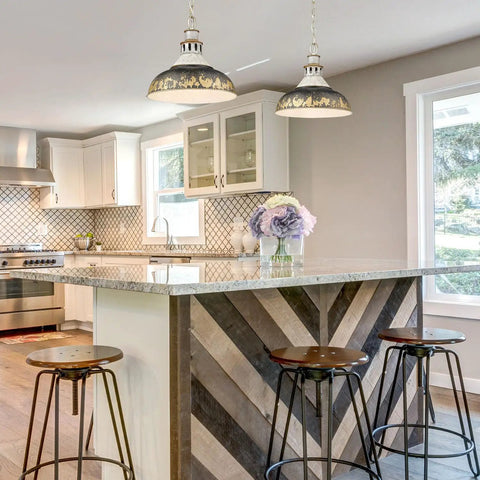Kinsley Pendant Light In Aged Galvanized Steel For Farmhouse And Eclectic Decor hanging in rustic kitchen with wooden island
