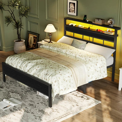 Heavy Duty Full Size Bed Frame With Smart RGB LED Lights App Control Storage Headboard Built In USB Chargers Black Oak Finish in cozy bedroom.