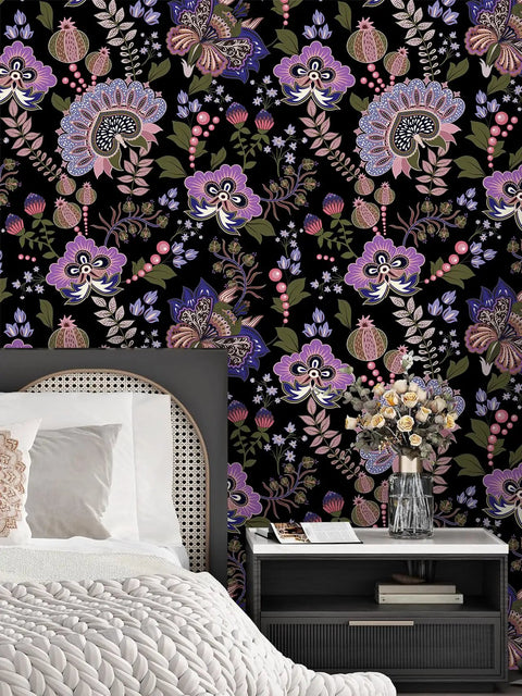 Boho Floral Peel And Stick Removable Wallpaper For Bedroom And Bathroom Renter Friendly Cabinet Decor Contact Paper 17.7 In By 118 In Easy Install Durable Thickened Design with floral patterns on wall behind bed and nightstand.