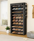 Tall 10 Tier Shoe Rack With Dustproof Cover Free Standing Storage For 50 To 55 Pairs Of Shoes And Boots Huge Capacity Space Saver Closet Entryway Garage Organizer 8 Pockets, filled with shoes and placed in a modern room.