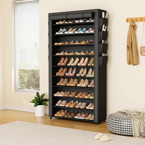 Tall 10 Tier Shoe Rack With Dustproof Cover Free Standing Storage For 50 To 55 Pairs Of Shoes And Boots Huge Capacity Space Saver Closet Entryway Garage Organizer 8 Pockets, filled with shoes and placed in a modern room.