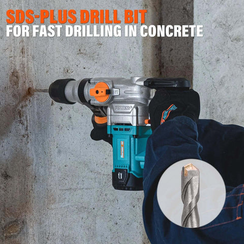 SDS-Plus rotary hammer drill on concrete; teal body with orange controls, inset shows a carbide-tipped twist drill bit.