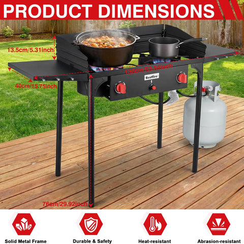 Two Burner Camping Stove With Windscreen And Side Shelves Bag Auto Ignition Regulator 150000 BTU High Pressure Propane Burner