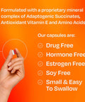 Real Menopause Relief Clinically Proven Formula Easing 12 Symptoms Like Hot Flashes, hand holding small capsule