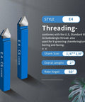 Front and side view of blue carbide-tipped lathe cutter tools with 1/4 in shanks for metal turning and chamfering