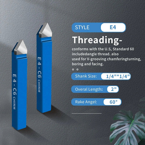 Front and side view of blue carbide-tipped lathe cutter tools with 1/4 in shanks for metal turning and chamfering