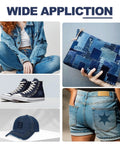 Iron On Denim Patches For Jeans Repair Kit, 8 patches, shows application on jackets, bags, shoes, and shorts for repair and style.