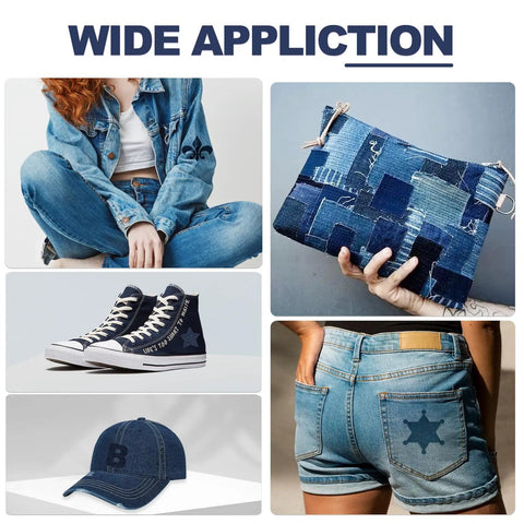 Iron On Denim Patches For Jeans Repair Kit, 8 patches, shows application on jackets, bags, shoes, and shorts for repair and style.