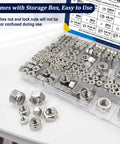 345 Piece SAE Hex Nut and Lock Nut Kit in 304 Stainless Steel with 136 Lock Nuts and 209 Hex Nuts, organized in storage box