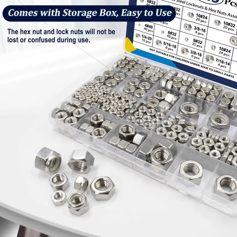 345 Piece SAE Hex Nut and Lock Nut Kit in 304 Stainless Steel with 136 Lock Nuts and 209 Hex Nuts, organized in storage box