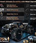 All Terrain RC Monster Truck with 4WD Power, Waterproof Off Road Electric Car featuring metal drivetrain components on display