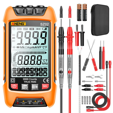 Versatile Digital Multimeter With Auto Ranging And TRMS 9999 Counts For AC DC Voltage And Current, Resistance, Capacitance, Diodes, Continuity, Frequency, Temperature And NCV, A Handy Pro Grade Tool For Home, Workshop And DIY Projects with accessories, orange color, front view