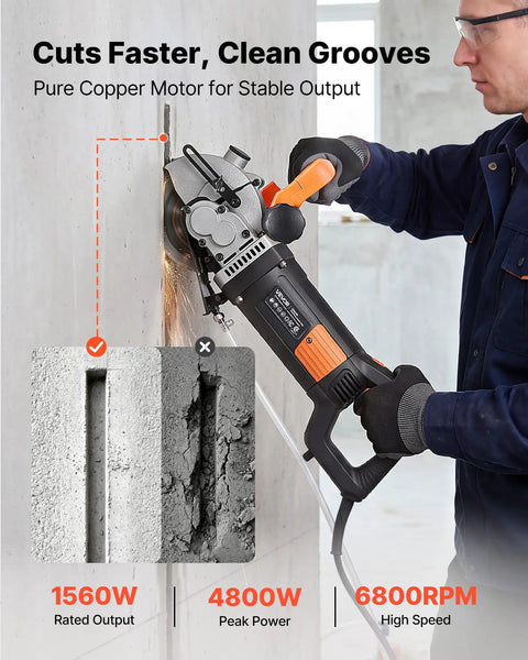 Person using Powerhouse Wall Chaser for Concrete and Brick, 6800 RPM Electric Groove Cutter on a wall