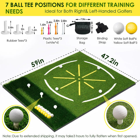 Top view of 5x4ft Dual Turf Golf Hitting Mat with Built In Ball Tray, Alignment Guide, and Seven Hitting Holes