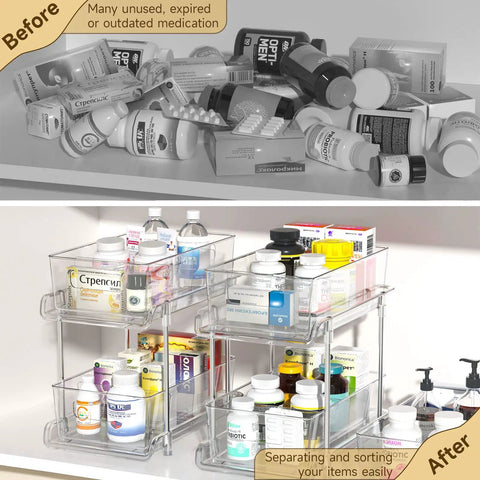 Clear Two Tier Under Sink Sliding Organizer With Adjustable Dividers Heavy Duty Waterproof Cabinet Rack For Bathroom Pantry showing organized medication bottles.