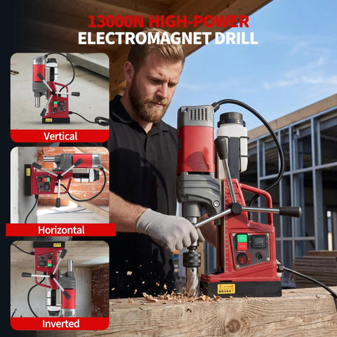 Heavy Duty Magnetic Drill Press 2 Inch Capacity With 210mm Stroke 13000 N Magnetic Hold used vertically by man