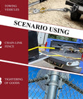 Various uses of the 2 Ton 4480 Lbs Come Along Winch With 7 Foot Steel Cable Dual Gear Ratchet Power Puller in vehicle recovery and chain-link fencing.
