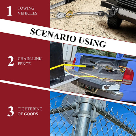 Various uses of the 2 Ton 4480 Lbs Come Along Winch With 7 Foot Steel Cable Dual Gear Ratchet Power Puller in vehicle recovery and chain-link fencing.