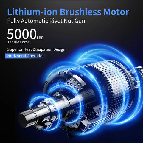 Fichfoye Cordless Rivet Nut Gun With Brushless Motor Provides 5000 Lbf Of Force For Fast Automated Riveting, showcasing its lithium-ion motor.