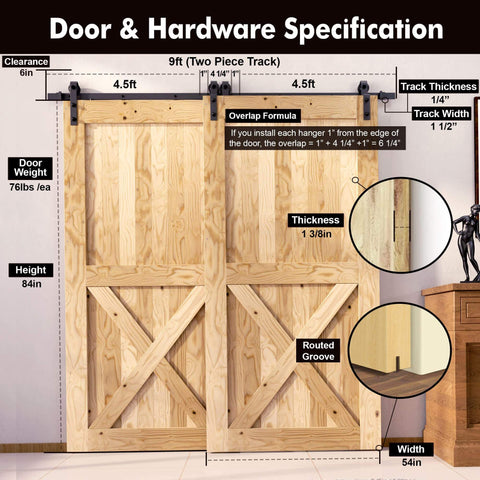 Diagram of Black Rustic Single Track Bypass Sliding Barn Door Hardware Kit 54In W By 84In H 9ft Flat Track installation specifications.