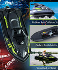 High Speed RC Boat For Kids And Adults With Jet Pump Propulsion, black ABS hull, top view and side details, 20 KMH speed