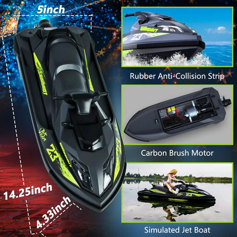 High Speed RC Boat For Kids And Adults With Jet Pump Propulsion, black ABS hull, top view and side details, 20 KMH speed