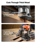 Heavy Duty One Horsepower Wood Router And Palm Edge Trimmer With Variable Speed Control From Ten Thousand To Thirty Two Thousand RPM Plus Four Inch Plunge Travel shown in use with fixed and plunge bases for detailed wood cuts.