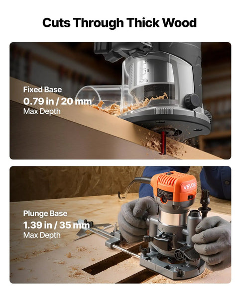 Heavy Duty One Horsepower Wood Router And Palm Edge Trimmer With Variable Speed Control From Ten Thousand To Thirty Two Thousand RPM Plus Four Inch Plunge Travel shown in use with fixed and plunge bases for detailed wood cuts.