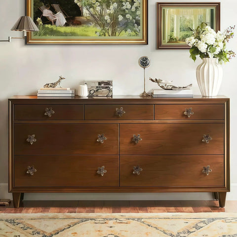 Four Pack Two Point Four Inch Antique Brass Flower Cabinet Knobs With Vintage Floral Drawer Pulls on dresser