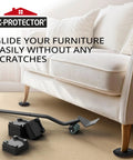 Heavy Duty Carpet Furniture Sliders 4 Pack With Ergonomic Steel Floor Lifter Tool Set To Hustle Through Big Moves No Sweat Keeping Your Finished Floors Scratch Free And Your Lower Back Happy on carpet under a sofa with a lifter tool.