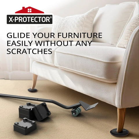 Heavy Duty Carpet Furniture Sliders 4 Pack With Ergonomic Steel Floor Lifter Tool Set To Hustle Through Big Moves No Sweat Keeping Your Finished Floors Scratch Free And Your Lower Back Happy on carpet under a sofa with a lifter tool.