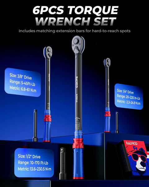 Torque Wrench Set One Quarter Inch, Three Eighths Inch, And One Half Inch Drive For Auto, Motorcycle And Bike Repair displayed.