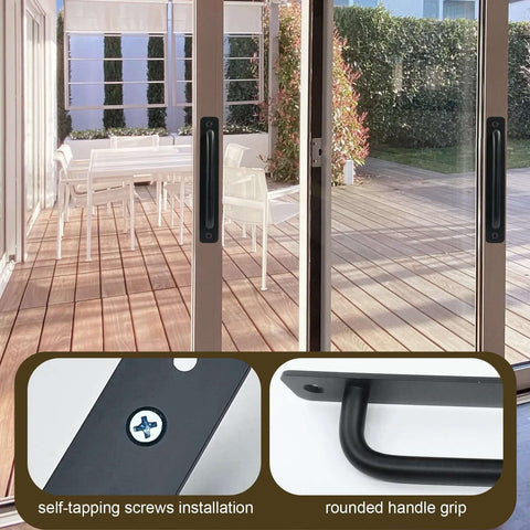 2 Pack Black Aluminum Barn Door Handles With 5 Inch Center Hole Sliding Closet Door Pulls For Wardrobe Cabinet Garage Gate 148mm L X 25mm W Rust Resistant Includes Four 16mm Screws And A Screwdriver installed on glass doors