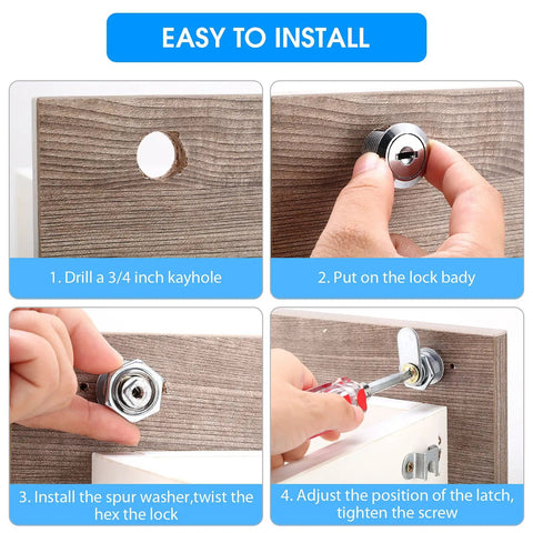 Installation of Sixteen Pack Cabinet Cam Locks With Thirty Two Keys Five Eighth Inch Diameter Keyed Alike Non Key Retaining