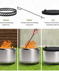 Smokeless Fire Pit Accessories Kit With 23-Inch Carbon Steel Base, 36-Inch Fire Poker, And 27.5-Inch Lid shown with fire pit use.