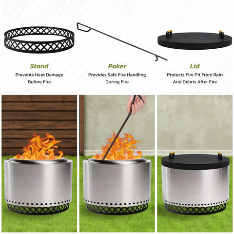 Smokeless Fire Pit Accessories Kit With 23-Inch Carbon Steel Base, 36-Inch Fire Poker, And 27.5-Inch Lid shown with fire pit use.