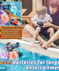 Amphibious RC Car That Rips On Land And Water 4WD Waterproof Monster With Water Gun 2 4GHz Battle Ready Boat being played by man and child by pool.